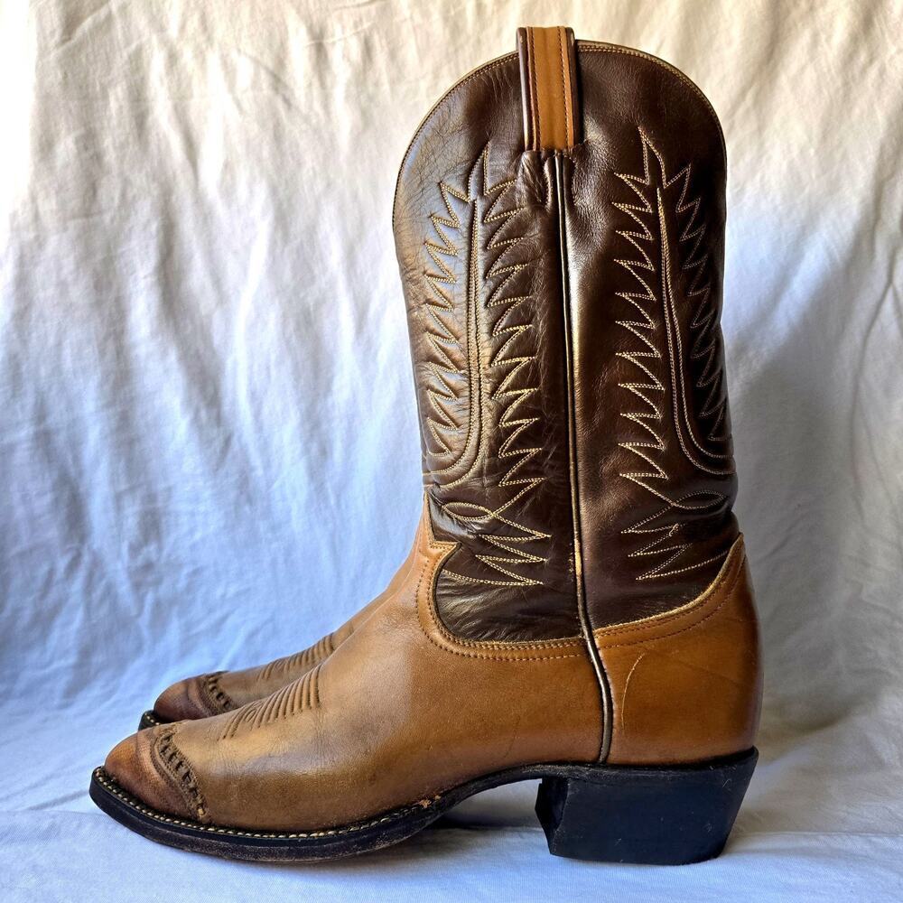 VTG Tony Lama Men's Lizard Toe Wingtip Cowboy Boots Brown/Tan Size 10.5 B NARROW